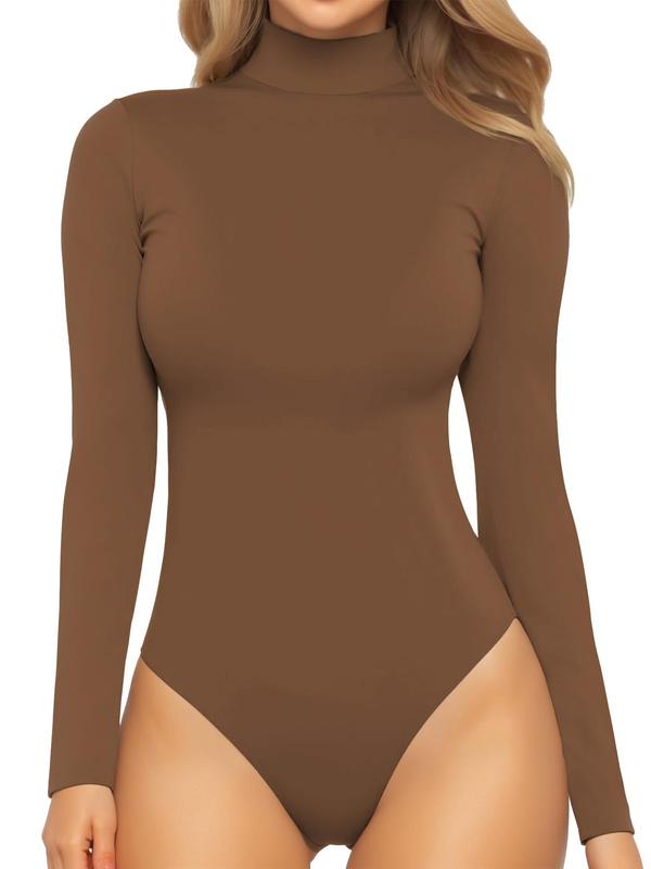 Women's Solid Color Long Sleeve Bodysuit, Casual Tops, Comfy High Neck Bodysuit for Daily Wear, Ladies Clothes for All Seasons