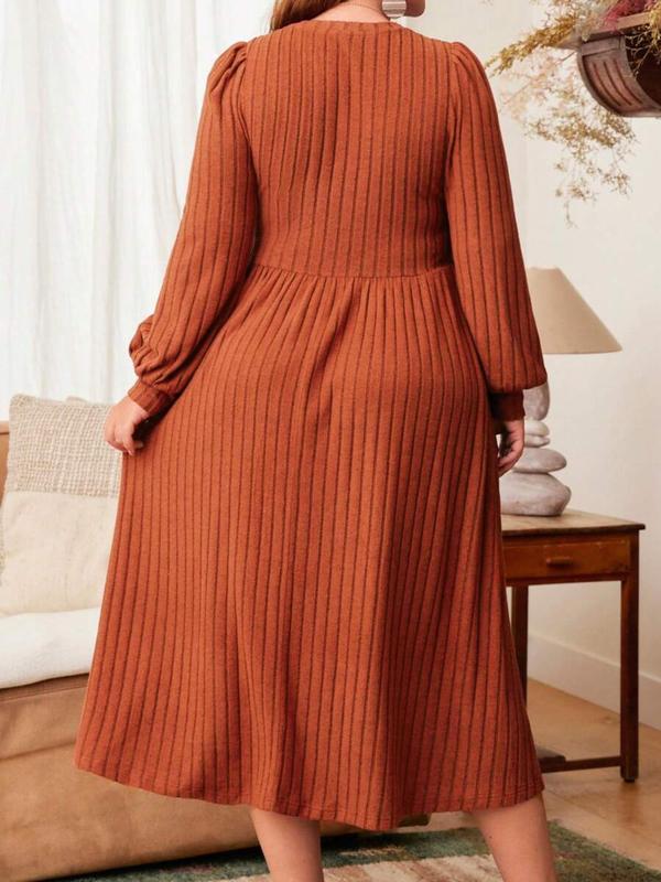 Plus Size Solid Color Bishop Sleeve A Line Dresses for Women, Elegant Long Sleeve Round Neck Ribbed Dress for Fall & Winter,  Women's Clothing, Birthday Dress for Women, Women's Clothes for Daily Vacation Party