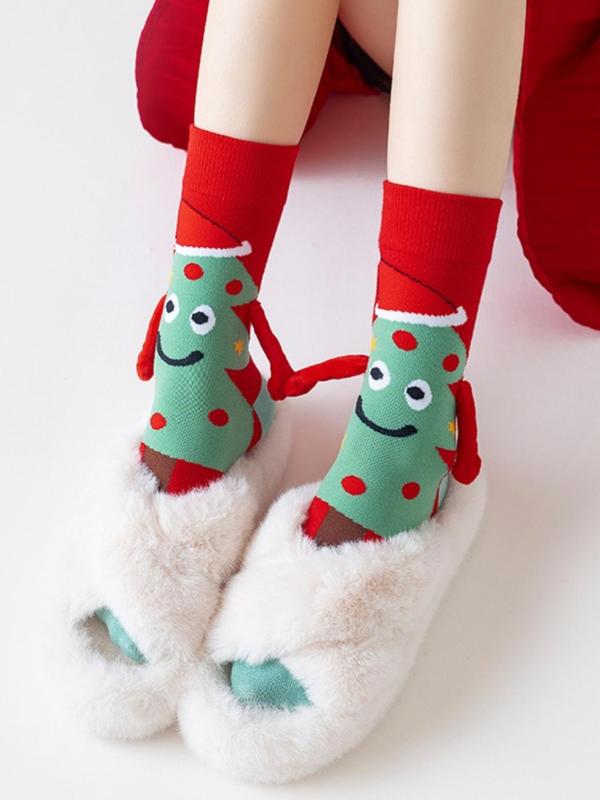 Magnetic Hand Holding Socks, Cartoon Santa Claus & Christmas Tree Pattern Crew Socks, Casual Comfy Breathable Socks for Women