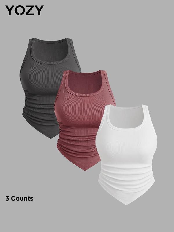 YOZY  3 Counts [3 colors] Plain Tank Top  Casual Scoop Neck Ruched High Low Ribbed Sleeveless Top, 2024 Women's Daily Wear for Summer