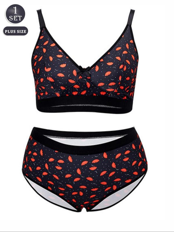 Plus Size All Over Print Bow Decor Push Up Bra & High Waist Panty Set, Casual Adjustable Strap Underwire Bra & Knicker, Women's Underwear Set