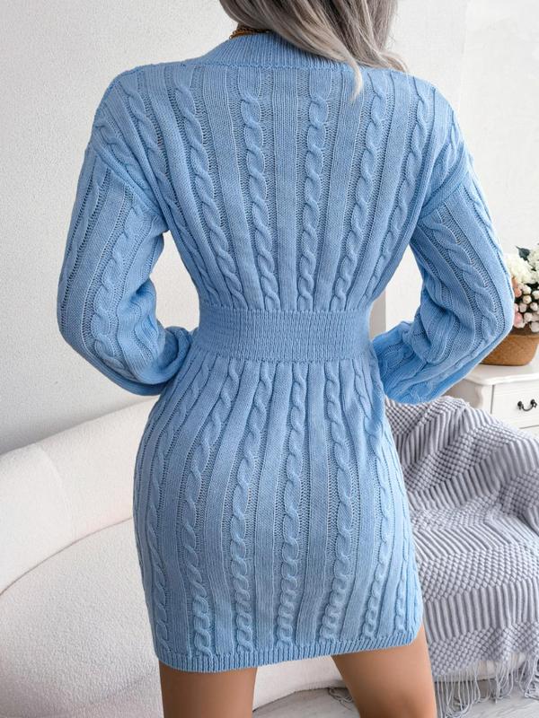 Women's Basic Comfort Solid Textured Drop Shoulder Sweater Dress, Lady's Minimalist Casual Lady Long Sleeve V Neck Cable Knit Dress,  Dresses for Women, Latina Outfits