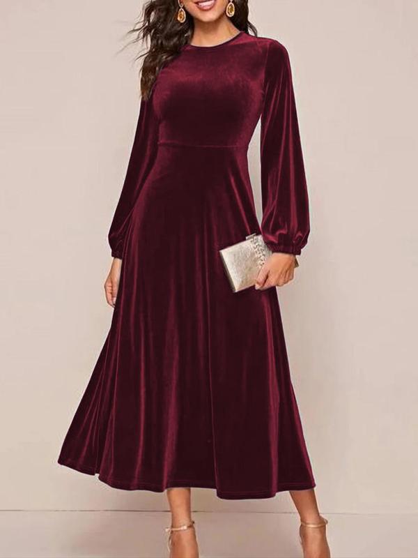  Long Sleeve Velvet Dress, Elegant Bishop Sleeve Round Neck A Line Dress for Party Holiday Wedding Guest, Women's Clothes for Fall & Winter