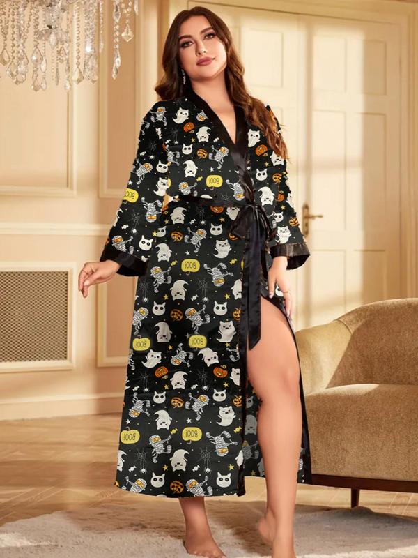 2 Counts Plus Size Halloween Pumpkin Skull Print Belted Wrap  Long Sleeve Loungewear Robe, Back To School Women Nightwear, Fall Lady Long Lounge Robe Gowns, Halloween Pajamas, Halloween Plus Size Fallfreshness, Fall Outfits Black Girl