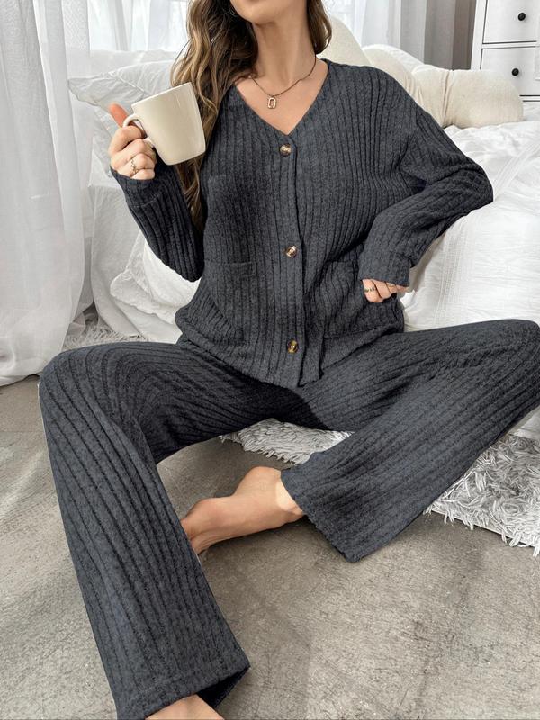 Women's Solid Drop Shoulder Pocket Top & Pants Pyjama Two-piece Set, Women Nightwear for Birthday Gifts, Casual Comfy Long Sleeve Top & Trousers Pj Set, Women's Sleepwear for Spring & Fall, Pajama Sets Women, Fall Wear, Fallfreshness