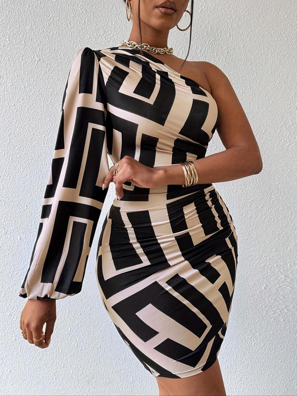 Women's Geometric Print Ruched One Shoulder Bodycon Dress, Elegant Bishop Sleeve Short Dress for Daily Wear, Fall Dresses, Ladies Clothes for All Seasons