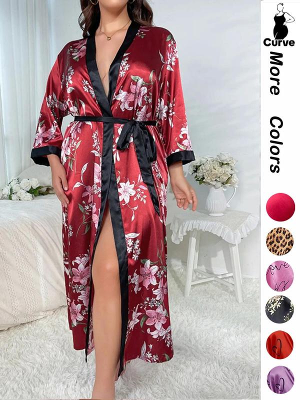 2 Counts Plus Size Halloween Pumpkin Skull Print Belted Wrap  Long Sleeve Loungewear Robe, Back To School Women Nightwear, Fall Lady Long Lounge Robe Gowns, Halloween Pajamas, Halloween Plus Size Fallfreshness, Fall Outfits Black Girl