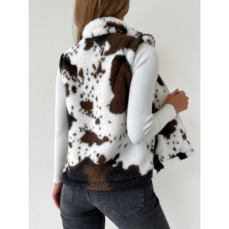 Cozy Cow Pattern Plush Vest Jacket - Soft, Warm, and Casual Sleeveless Gilet with Slant Pockets for Winter & Fall - Women's Fashion Clothing for Everyday Wear