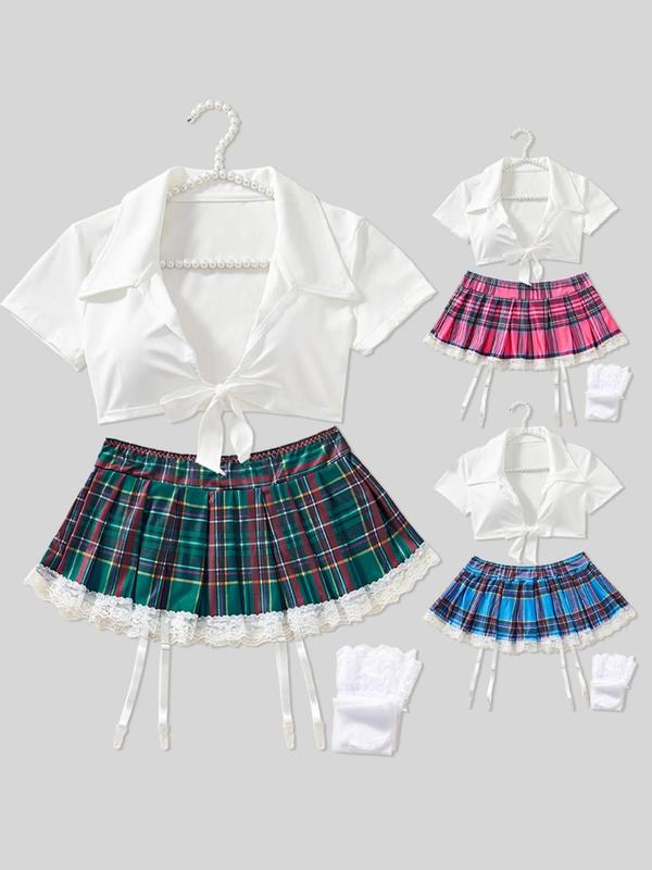 Women's Preppy Style Sexy Costume Set, Short Sleeve Collared Tie Front Crop Top & Plaid Print Mini Skirt & Lace Trim Stockings Set, Romantic Nightwear Lingerie Set for Ladies