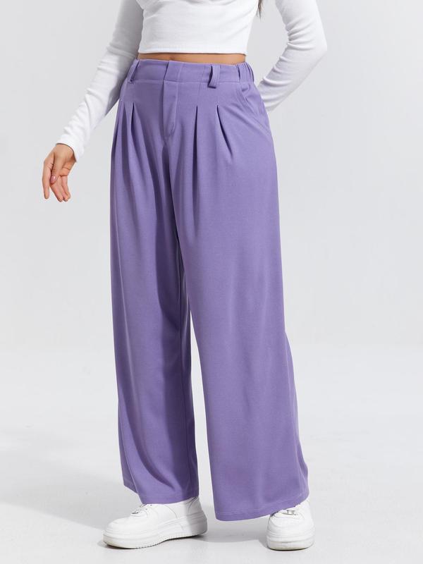 Women's Plain Plicated Elastic Waist Wide Leg Pants, Casual Comfy Pocket  Trousers for Daily Wear, Ladies Bottoms for All Seasons