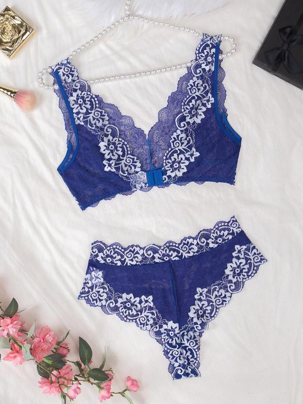 Two-Piece Set Women's Solid Color Embroidery Bra & Brief Lace Underwear Set, Elegant Comfy Breathable Backless Lingerie Top & Panty Set, Lingerie Set for Women