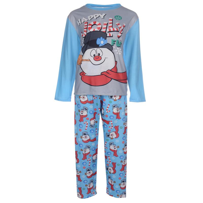 Blue Cartoon Snowman Pattern Matching Christmas Pajamas For Family, Long Sleeve Cartoon Snowman Pattern Christmas Pjs