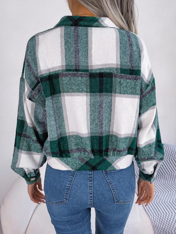 Women's Plaid Print Collared Long Sleeve Button Front Jacket, Pocket Design Drop Shoulder Button Up Outerwear, Women's Fall Tops Clothing, Preppy 80s Clothes