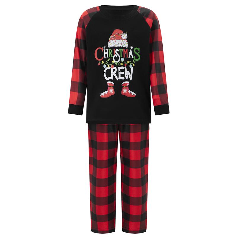 Christmas Family Pajamas Matching Set Letter Santa Hat Print Long Sleeve Tops and Plaid Pants Sleepwear