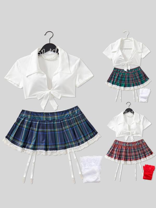 Women's Preppy Style Sexy Costume Set, Short Sleeve Collared Tie Front Crop Top & Plaid Print Mini Skirt & Lace Trim Stockings Set, Romantic Nightwear Lingerie Set for Ladies