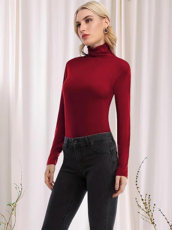 Women's Solid High Neck Long Sleeve Tee, Casual Basic Thermal Top for Fall & Winter, Ladies Clothes for Daily Wear