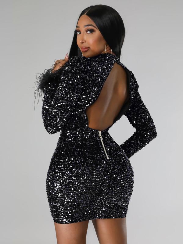 Women's Fuzzy Trim Backless Glitter Contrast Sequin Bodycon Dress, Elegant Cut Out Zipper Back Dress for Party Club Dating Wear, Women's Dress for All Seasons