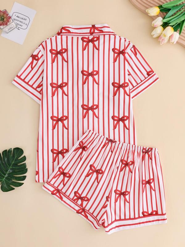 Women's All Over Bow Print Lapel Neck Button Up Pajama, Cute Short Sleeve Pocket Shirt & Shorts PJ Set, Ladies Summer Sleepwear