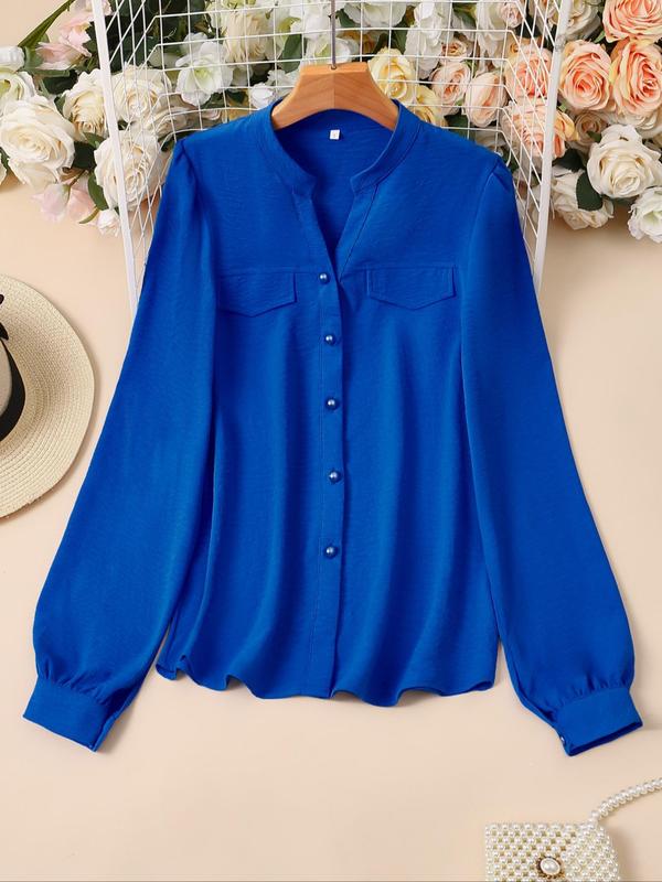 Women's Plain Notched Neck Bishop Sleeve Blouse, Casual Flap Detail Long Sleeve Top for Daily Wear, Ladies Clothes for All Seasons