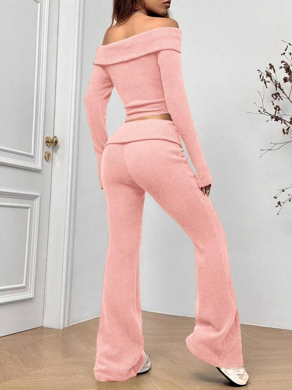 Women's Solid Off Shoulder Crop Top & Flare Leg Pants Ribbed Set, Street Fashion Casual Long Sleeve Top & Bell Bottom Trousers for Daily Outdoor Wear, Women's Clothing for Spring & Fall