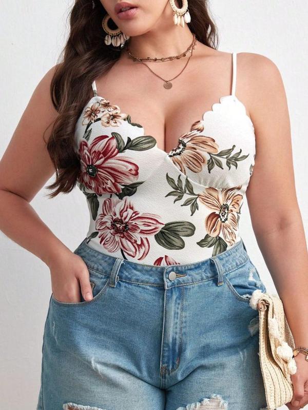 Plus Size Floral Print Scallop Trim Bodysuit, Adjustable Strap Deep V Neck Open Crotch Design Bodysuit for Summer, Women's Clothes for Daily Wear