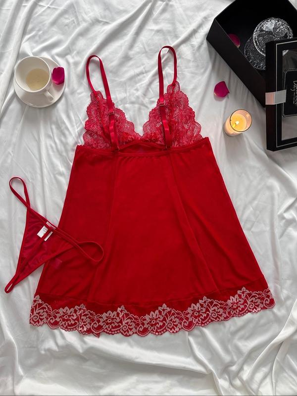 Women's 2pcs Sheer Floral Embroidery Bow Decor Cami Nightdress & Thong Sexy Lingerie Set, Ruffle Hem Sleeveless Nightgown & Panty Two-Piece Lingerie Set, Chic Lingerie Set for Women