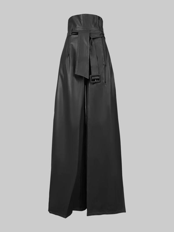 Women's Solid Belted Wide Leg Pants, Casual Pocket Zipper Fly Trousers for Daily Wear, Ladies Bottoms for All Seasons