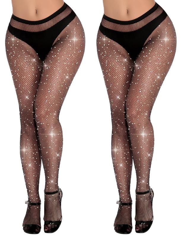 2 pcs Sparkly Fishnet Stockings For Women,Rhinestone Fishnets Tights, Fishnet Tights Plus size, Fish Nets Fits All1