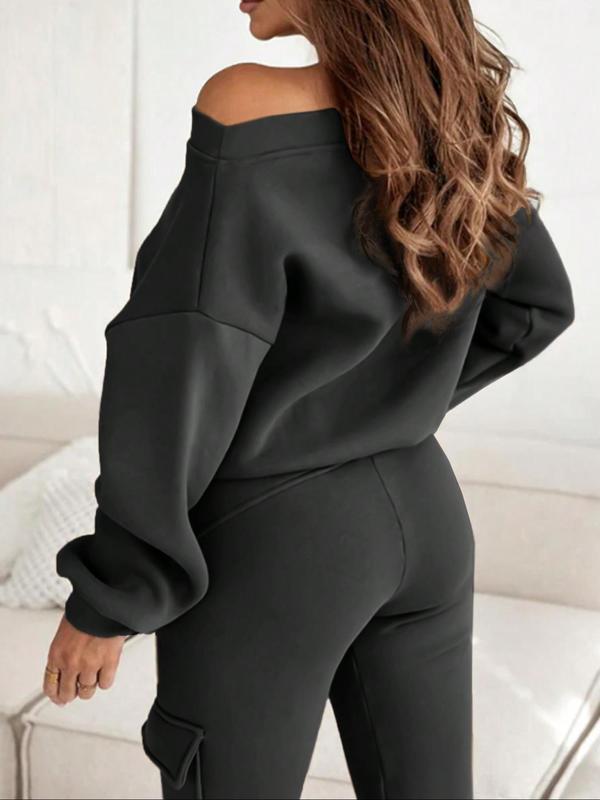 Women's Solid Asymmetrical Neck Sweatshirt & Pocket Pants Two-piece Set, Casual Fashion Cozy Breathable Two Piece Outfits for Daily Outdoor Wear, Women Clothes for Fall & Winter