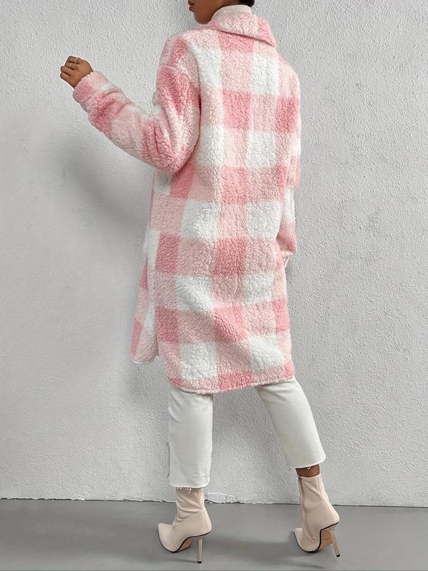 Women's Plaid Print Button Front Fuzzy Jacket, Casual Long Sleeve Collared Outerwear for Fall & Winter, Women's Clothes for Daily Wear