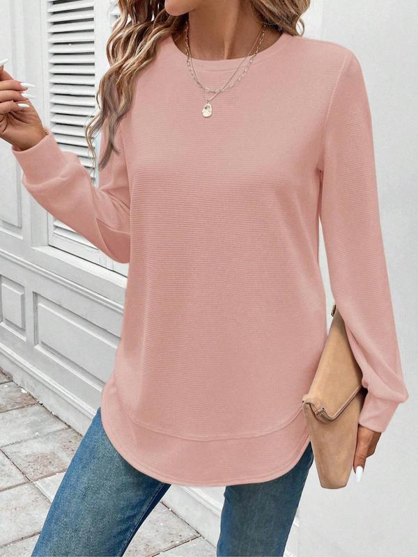 Women's Plain Waffle Knit Tee, Casual Long Sleeve Round Neck T-shirt for Daily Wear, Ladies Clothes for All Seasons