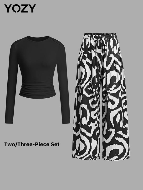 YOZY Christmas Deals, Solid Ruched Tee & All Over Print Pants Set  Casual Round Neck Long Sleeve Top & Elastic Waist Wide Leg Trousers, 2024 Women's Daily Wear for Spring & Fall, Christmas 2024 Trend, Fall & Winter Outfits