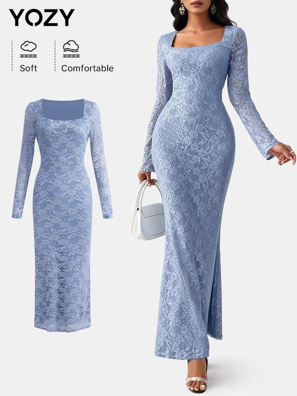 YOZY Women's Ruched Floral Lace Bodycon Dress, Elegant Long Sleeve Square Neck Long Dress for Party Holiday Wedding Guest, Ladies Clothes for All Seasons