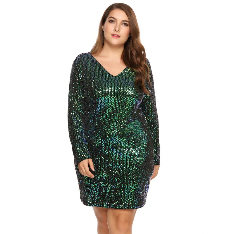 Holiday haul IN'VOLAND Womens Sequin Dress Plus Size V Neck Party Cocktail Dresses Elegant Fabric Formal Womenswear