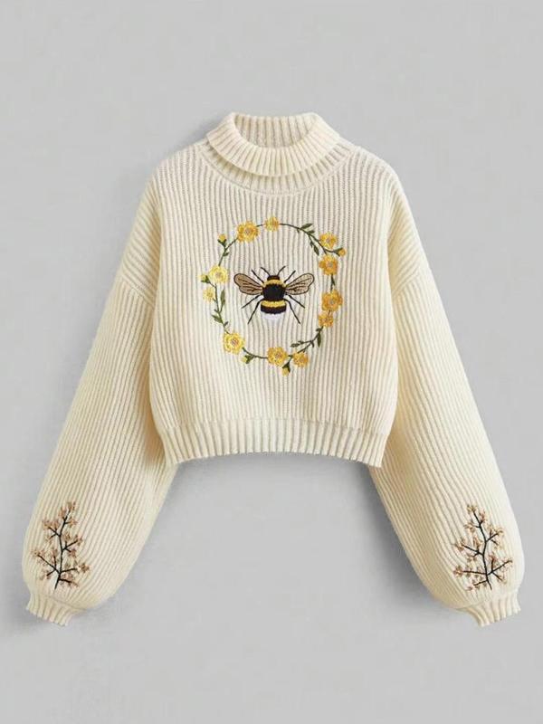 Women's Cartoon Bee Embroidery Drop Shoulder Sweater, Casual Long Sleeve High Neck Jumper for Spring & Fall, Fashion Women's Knitwear for Daily Wear