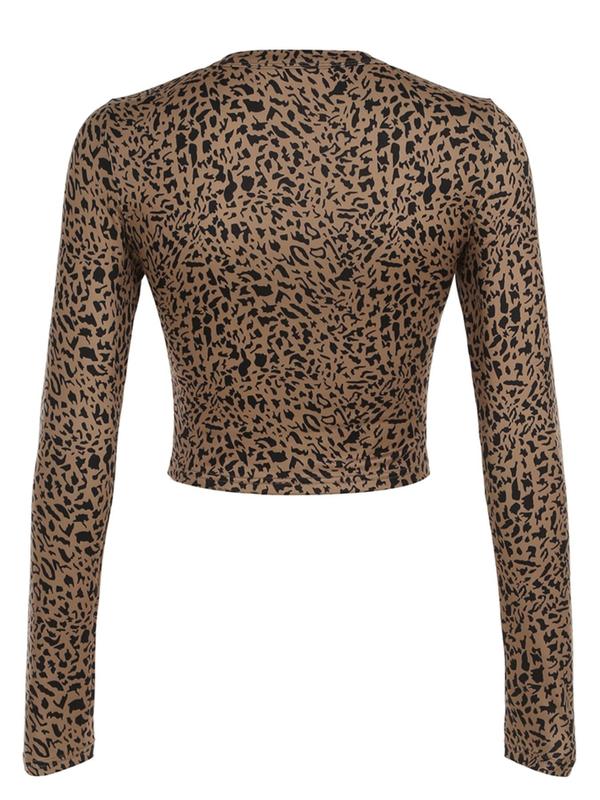 Women's Leopard Print Button Front Crop Top, Casual Long Sleeve Round Neck Top for Fall & Winter, Women's Clothes for Daily Wear