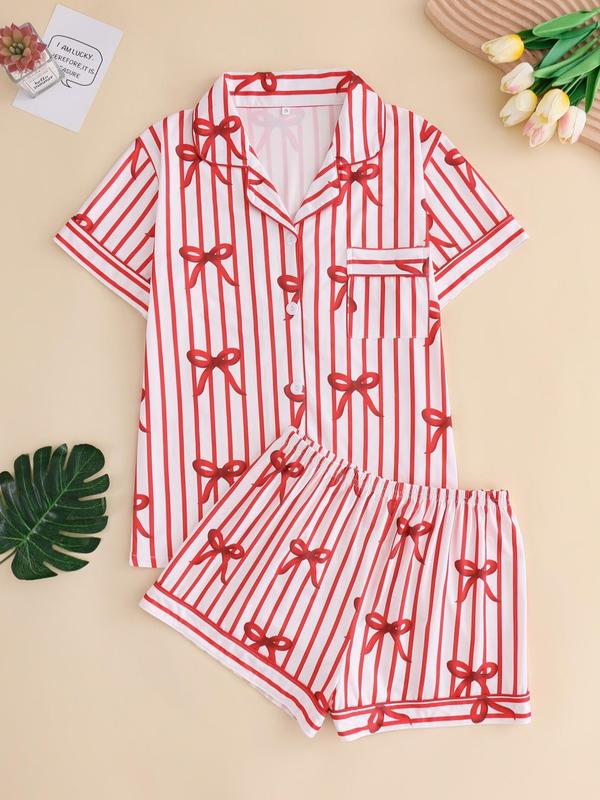 Women's All Over Bow Print Lapel Neck Button Up Pajama, Cute Short Sleeve Pocket Shirt & Shorts PJ Set, Ladies Summer Sleepwear