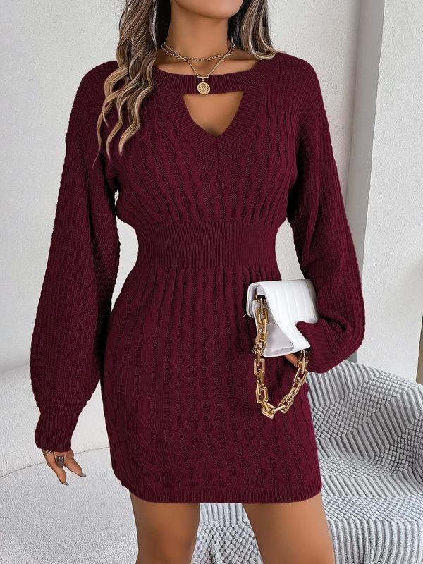 Lantern Sleeve Cut Out Sweater Dresses for Women, Elegant Keyhole Neckline Long Sleeve Bodycon Knit Dress for Fall & Winter, Birthday Dresses 2024, Women's Knitwear for Daily Streetwear Casual Wear