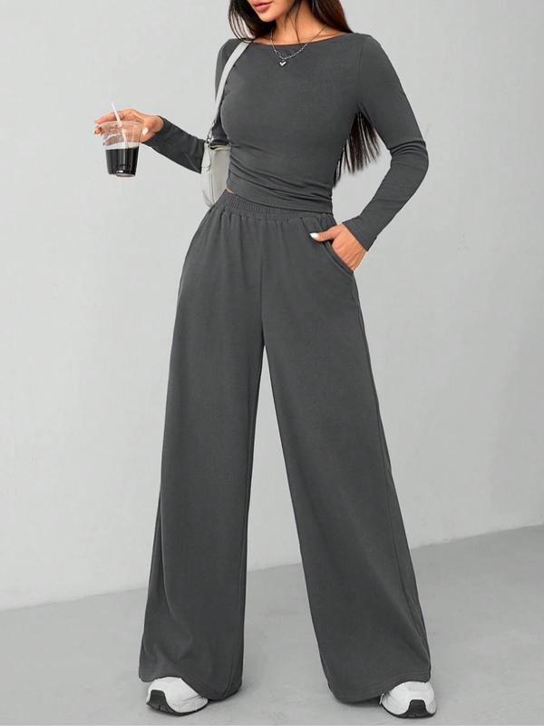 Women's Solid Ruched Tee & Wide Leg Pants Two-Piece Set, Elegant Fashion Casual Boat Neck Long Sleeve Top & Pocket Trousers for Daily Outdoor Wear, Women's Clothing for Fall & Winter