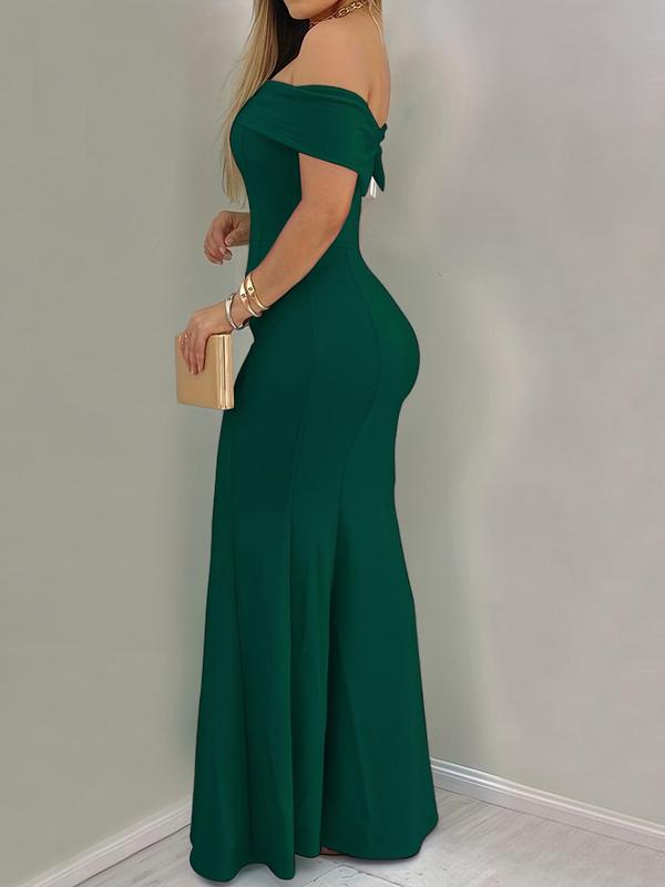 Women's Off The Shoulder Zipper Back Fit and Flare Dress, Elegant Solid Color Maxi Dress, Gowns for Party Evening Formal Occasions, Ladies' Clothes for All Seasons