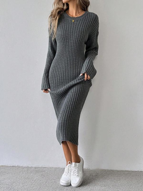 Women's Plain Drop Shoulder Bodycon Sweater Dress, Casual Long Sleeve Round Neck Midi Dress for Fall & Winter, Women's Knitwear for Daily Wear