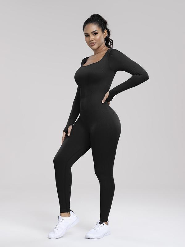 Women's Solid Square Neck Long Sleeve Jumpsuit, Minimalist Basic Womenswear, Comfort Lady Longsleeves Tight-fitting Jumpsuit for Yoga Gym Workout Fitness, Sporty Casual Ladies Fall & Winter Clothes