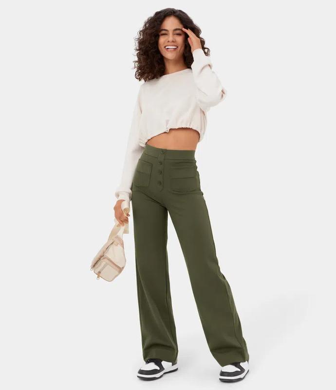 Halara High Waisted Button Multiple Pockets Straight Leg Casual Pants