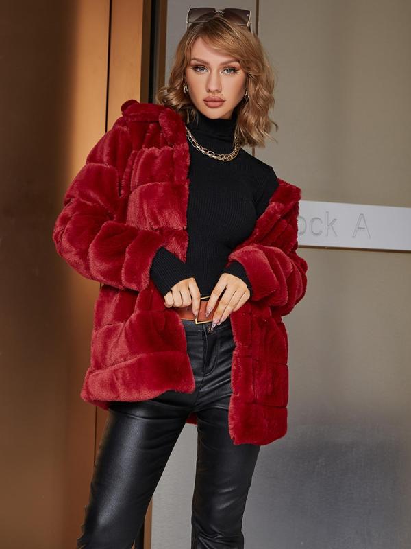 Women's Collar Pocket Design Long Sleeve Faux Fur Coat, Elegant Textured Solid Outerwear for Fall & Winter, Women's Clothes for Daily Wear Winter Clothes Women, Winter Clothes Women