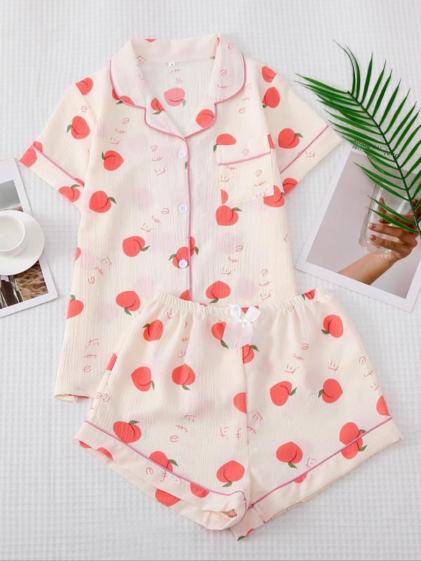 Two Counts Women's All Over Print Elastic Waist Pyjama Set, Back To School Wear, Button Front Top & Bow Decor Shorts, Summer Sleepwear, Pajama Sets Women, Nightwear Set for Women