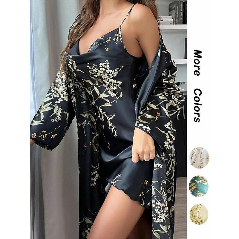 @Shopwithjulie Collection 2 Piece Set Women's Floral Print Pyjama Set, Girl Nightwear, Cowl Neck Cami Nightdress & Belted Pj Robe, Fall Wear, Women Sleepwear Loungewear Set, Lounge Set , Pajama Sets Women, Plz Order A Size Up matching comfortable