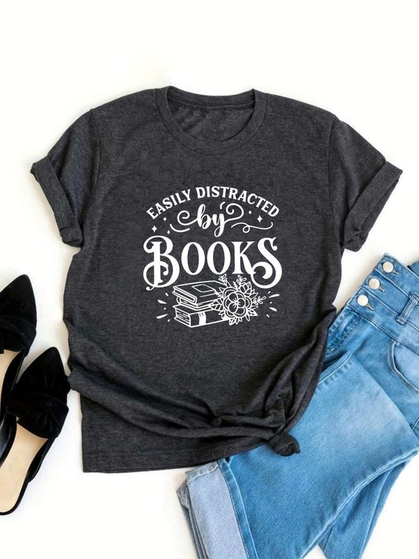  Letter & Books Print Round Neck Tee, Trendy Casual Short Sleeve Crew Neck T-shirt for Daily Wear,  Vintage Graphic Tees, Ladies Summer Outfit