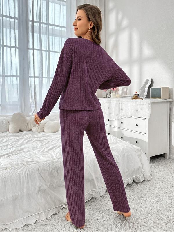 Women's Solid Drop Shoulder Pocket Top & Pants Pyjama Two-piece Set, Women Nightwear for Birthday Gifts, Casual Comfy Long Sleeve Top & Trousers Pj Set, Women's Sleepwear for Spring & Fall, Pajama Sets Women, Fall Wear, Fallfreshness