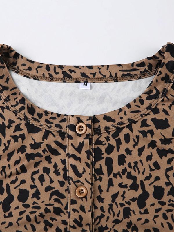 Women's Leopard Print Button Front Crop Top, Casual Long Sleeve Round Neck Top for Fall & Winter, Women's Clothes for Daily Wear