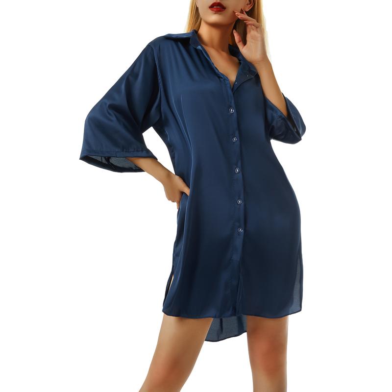 Womens Sleep Tops Underwear Summer Sleeping Shirt Half Sleeve Single Breasted Loose Nightshirt for Home Wear Lounge 4 Colors